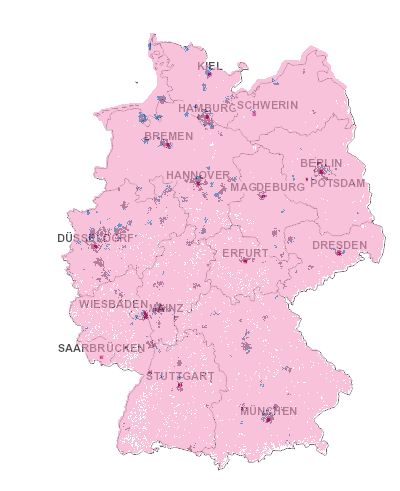 Du dunklen Flecken zeigen das aktuelle 1.800 MHz LTE Netz der Deutschen Telekom. Schon verdammt wenig, oder?