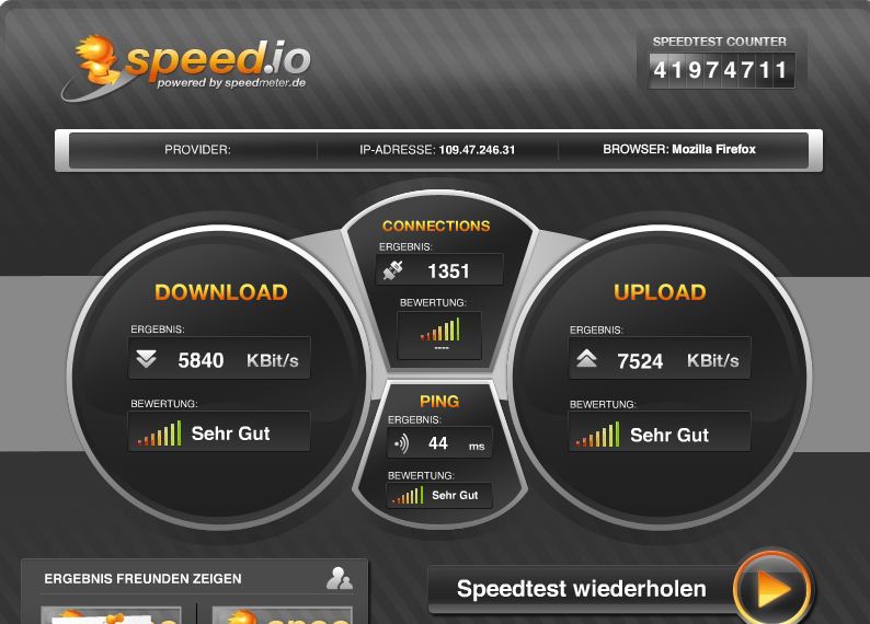 Screenshoot eines Geschwindigkeitstest mit einem Vodafone LTE-Stick von Samsung im Stadtkern von Roding und bei gutem LTE-Signal.