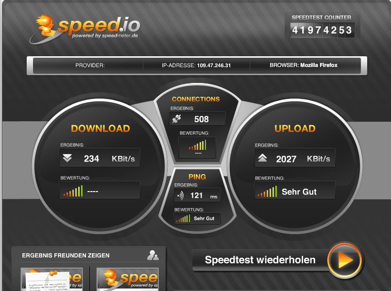 Screenshoot eines Geschwindigkeitstest mit einem Vodafone LTE-Stick von Samsung bei schwachem LTE-Signal